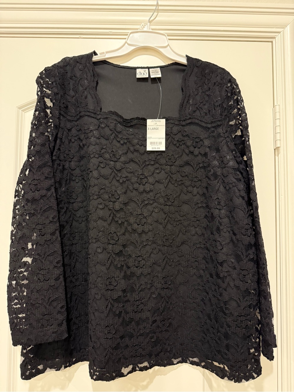 NWT Women's Duo Maternity Black Lace Square Neck Long Sleeve Blouse Top X-Large